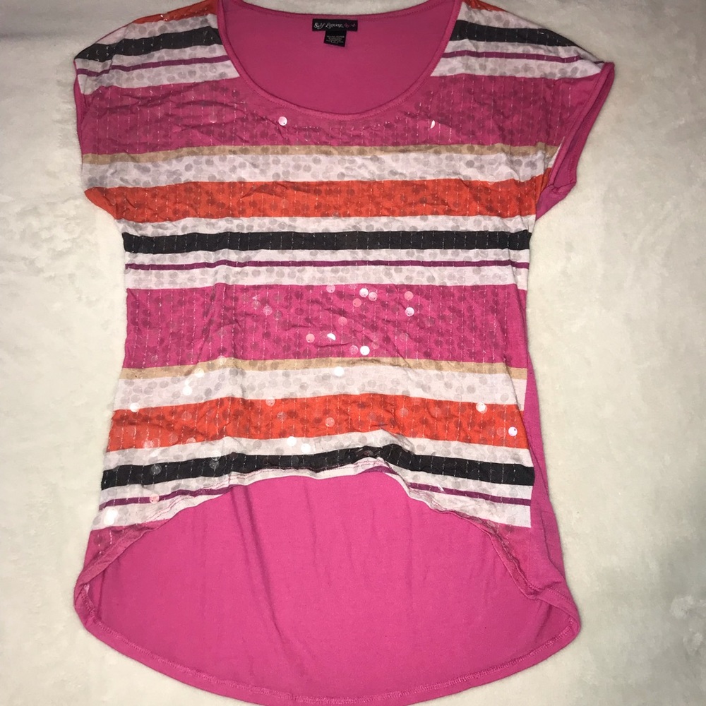Self Esteem Pink high low sequin short sleeve top